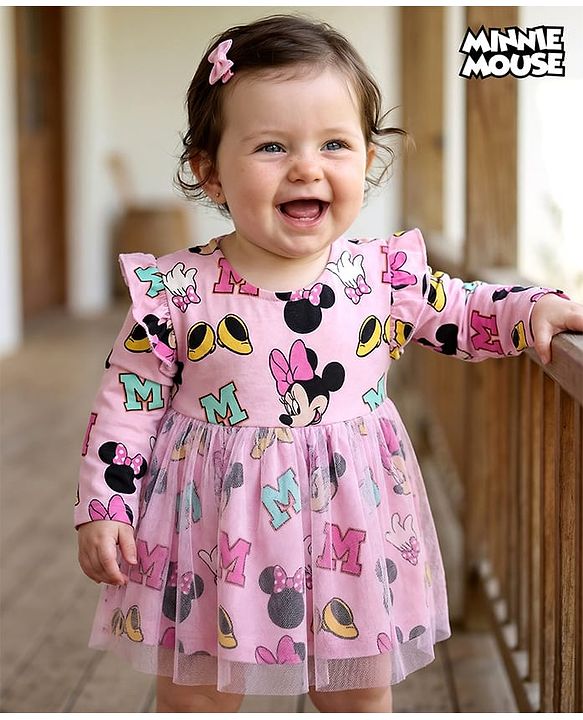 Babyhug Disney Single Jersey Knit Full Sleeves Minnie Mouse Printed Frock with Bloomer &  Frill Detailing - Pink