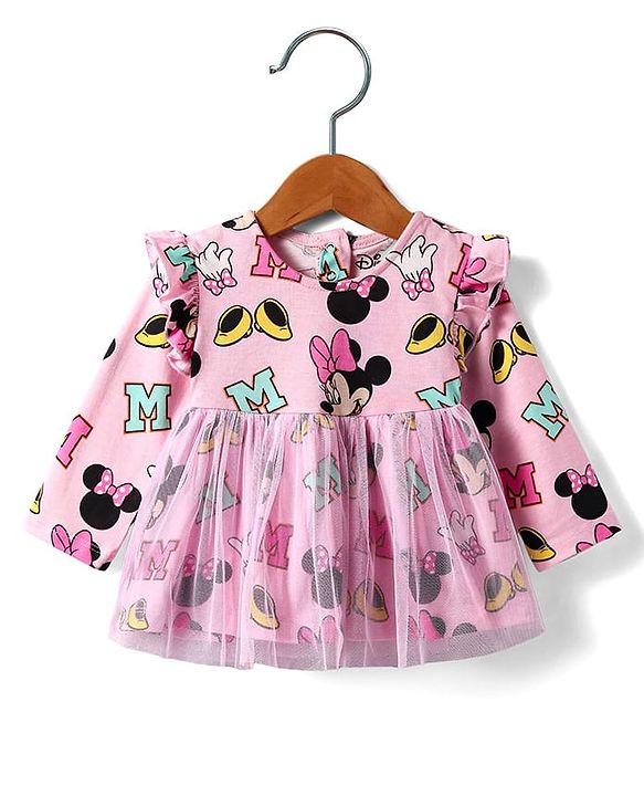 Babyhug Disney Single Jersey Knit Full Sleeves Minnie Mouse Printed Frock with Bloomer &  Frill Detailing - Pink