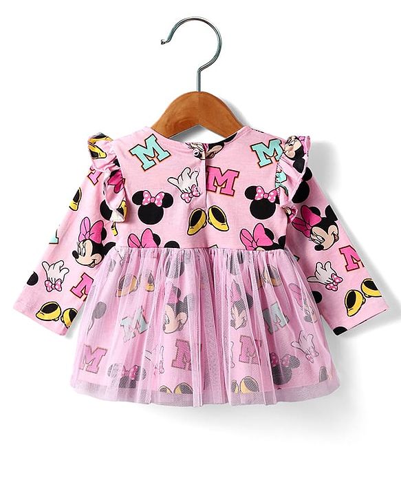 Babyhug Disney Single Jersey Knit Full Sleeves Minnie Mouse Printed Frock with Bloomer &  Frill Detailing - Pink