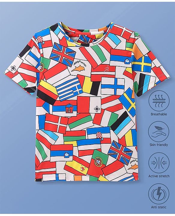 Pine Active Knit Half Sleeves Flags Printed T-Shirt - Multicolour