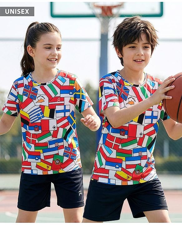 Pine Active Knit Half Sleeves Flags Printed T-Shirt - Multicolour