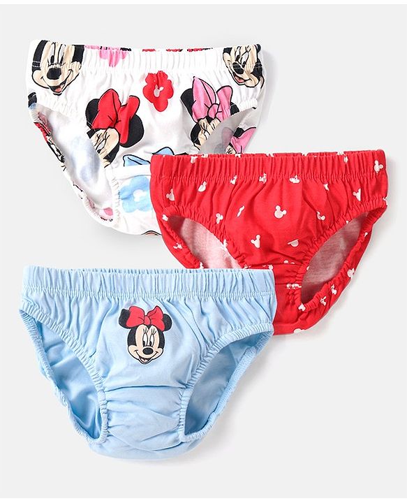 Babyhug Disney Interlock Knit Panties with Minnie Mouse Graphics Pack of 3 -Red White & Sky Blue