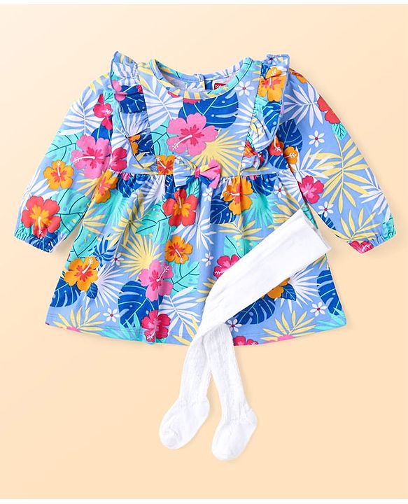 Babyhug Cotton Knit Three Fourth Peasant Sleeves Floral Printed Frock With Legging - Blue