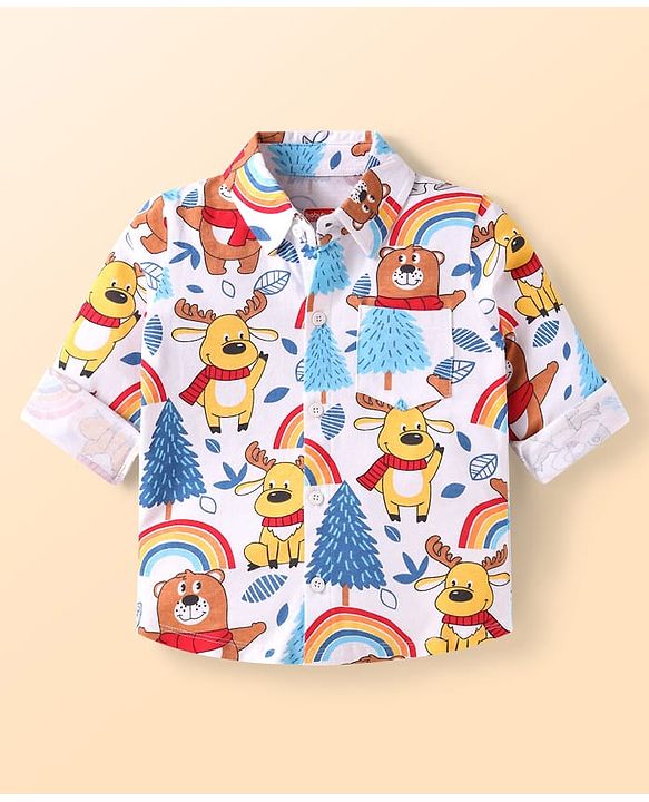 Babyhug Single Jersey Knit Full Sleeves Animal Printed Shirt & Trouser Set with Suspender - Blue