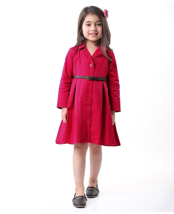 Babyhug Cotton Woven Full Sleeves Front Open Collared Solid Shirt Dress - Red