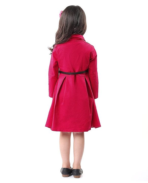 Babyhug Cotton Woven Full Sleeves Front Open Collared Solid Shirt Dress - Red