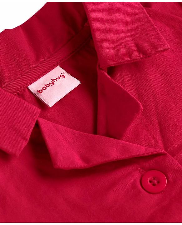 Babyhug Cotton Woven Full Sleeves Front Open Collared Solid Shirt Dress - Red