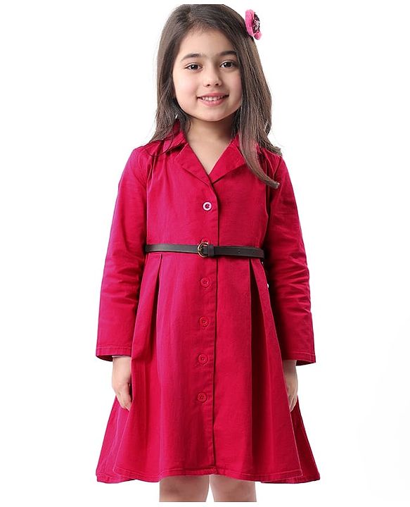 Babyhug Cotton Woven Full Sleeves Front Open Collared Solid Shirt Dress - Red