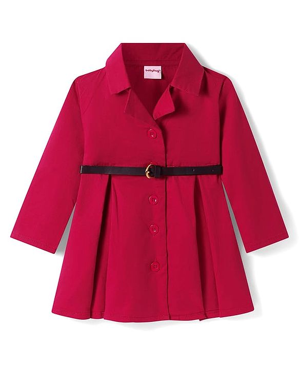 Babyhug Cotton Woven Full Sleeves Front Open Collared Solid Shirt Dress - Red