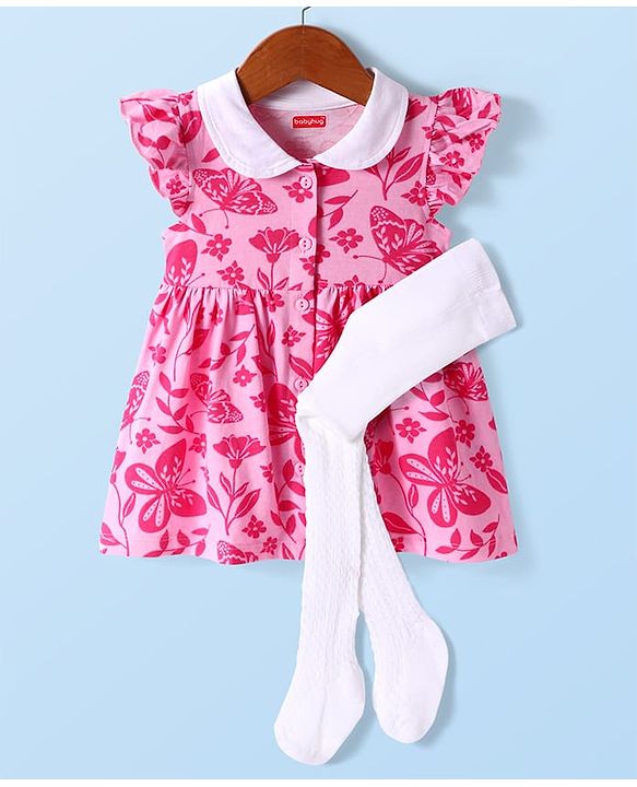 Babyhug Cotton Knit Frill Sleeves Frock With Floral & Butterfly Print & Stockings - Pink