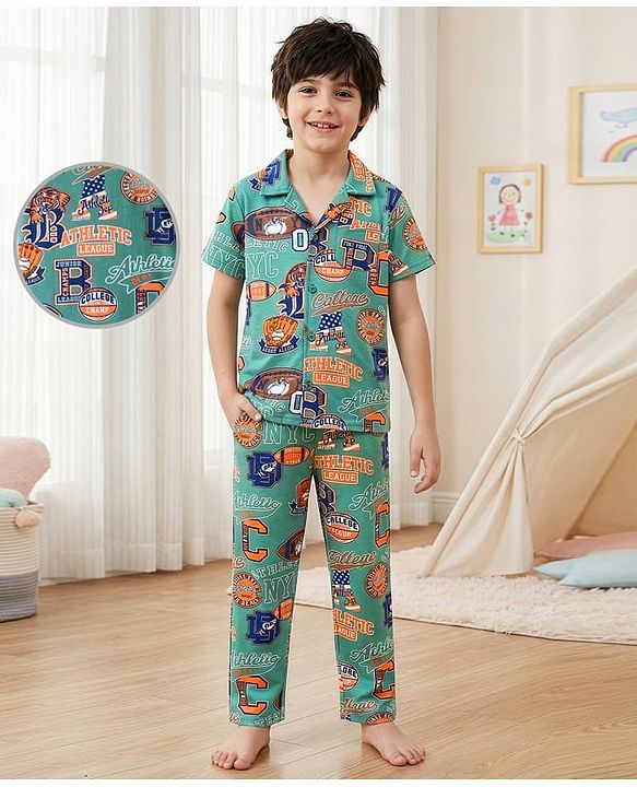 Pine Kids Single Jersey Knit Half Sleeves Night Suit with Text Print - Mint Green