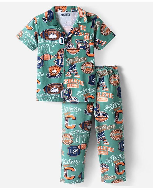 Pine Kids Single Jersey Knit Half Sleeves Night Suit with Text Print - Mint Green