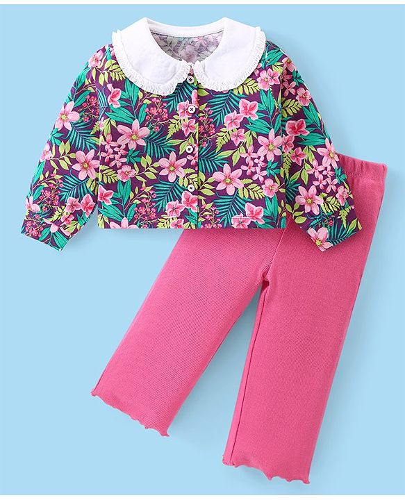 Babyhug Cotton Knit Full Sleeves Peter Pan Collared Floral Printed Front Open Top & Lounge Pants Set - Dark Pink