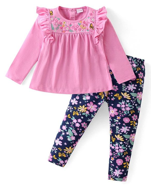 Babyhug Cotton Knit Full Sleeves Frill Detailed Top & Leggings Set With Floral Embroidery - Pink & Navy