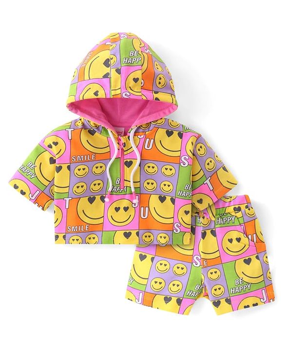 Babyhug Terry Knit Half Sleeves Smiley Printed Hooded T-Shirt & Shorts Set with Front Zipper  - Pink& Yellow