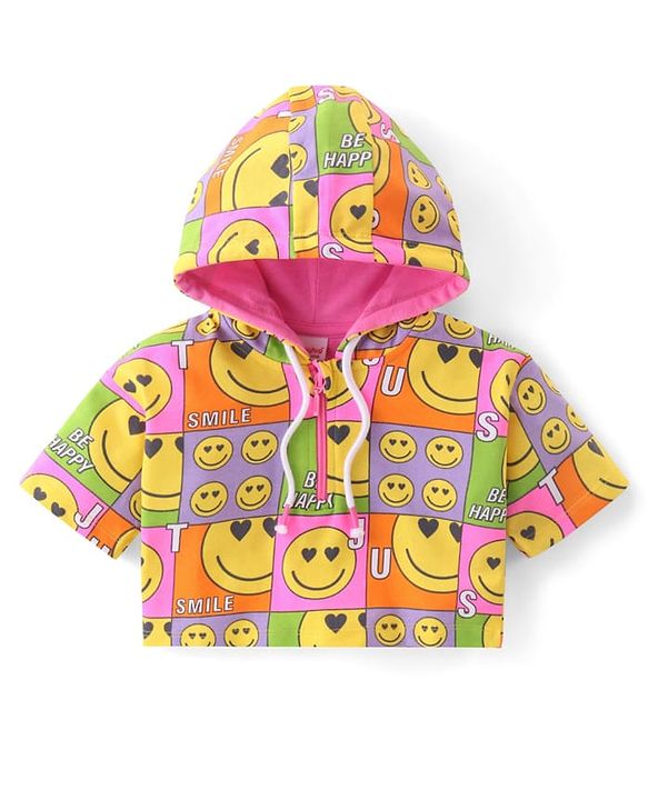Babyhug Terry Knit Half Sleeves Smiley Printed Hooded T-Shirt & Shorts Set with Front Zipper  - Pink& Yellow