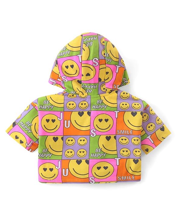Babyhug Terry Knit Half Sleeves Smiley Printed Hooded T-Shirt & Shorts Set with Front Zipper  - Pink& Yellow