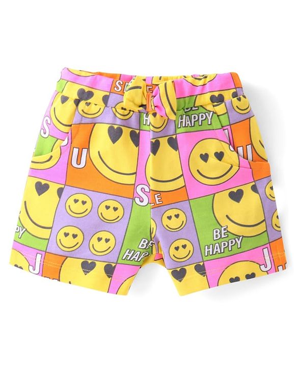 Babyhug Terry Knit Half Sleeves Smiley Printed Hooded T-Shirt & Shorts Set with Front Zipper  - Pink& Yellow