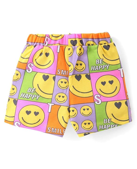 Babyhug Terry Knit Half Sleeves Smiley Printed Hooded T-Shirt & Shorts Set with Front Zipper  - Pink& Yellow