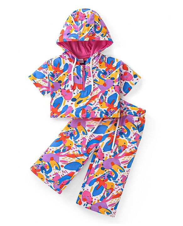 Babyhug Terry Knit Half Sleeves Hooded Abstract Printed T-Shirt & Pant Set - White & Pink