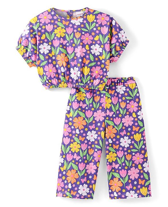Babyhug Cotton Knit Half Sleeves Floral Printed Top & Lounge Pants Co-Ord Set - Purple