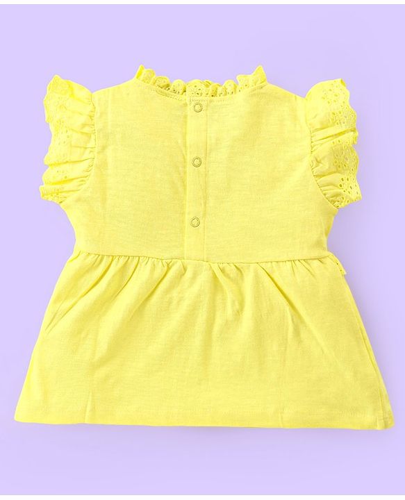 Babyhug Cotton Knit Frill Sleeves Schiffli Top & Floral Printed Leggings Set - Yellow