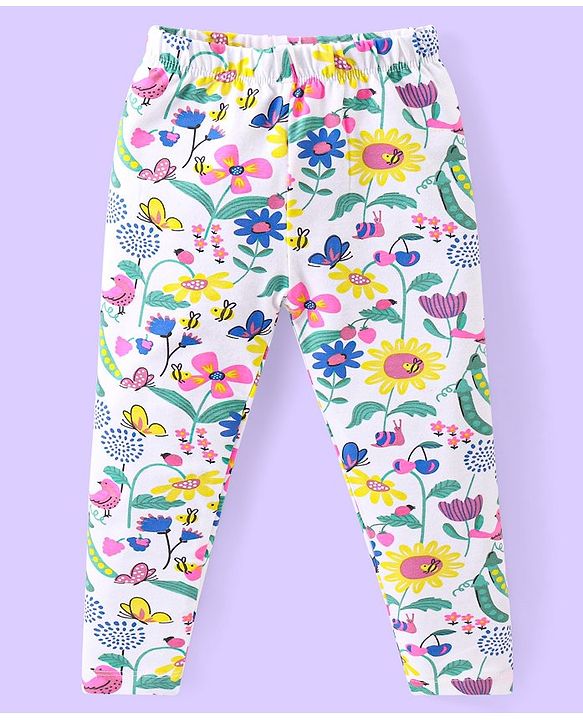 Babyhug Cotton Knit Frill Sleeves Schiffli Top & Floral Printed Leggings Set - Yellow