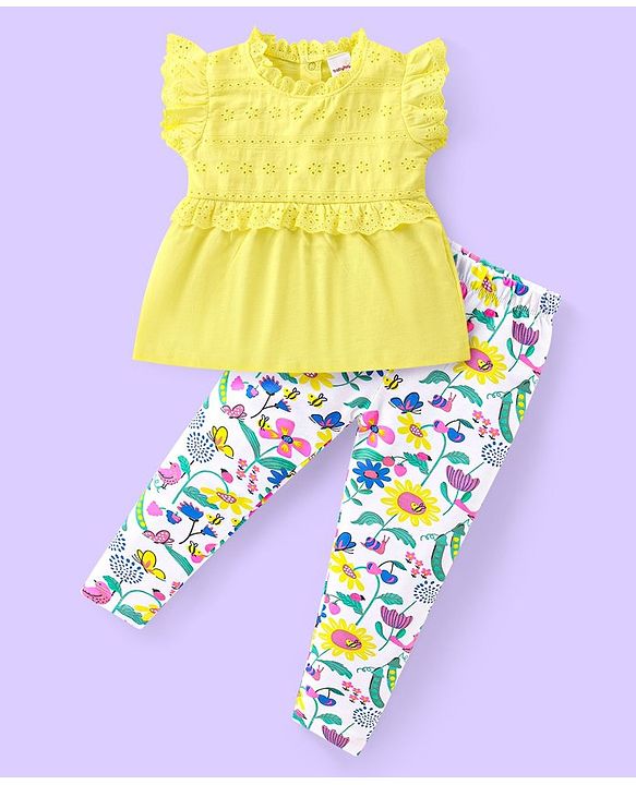 Babyhug Cotton Knit Frill Sleeves Schiffli Top & Floral Printed Leggings Set - Yellow
