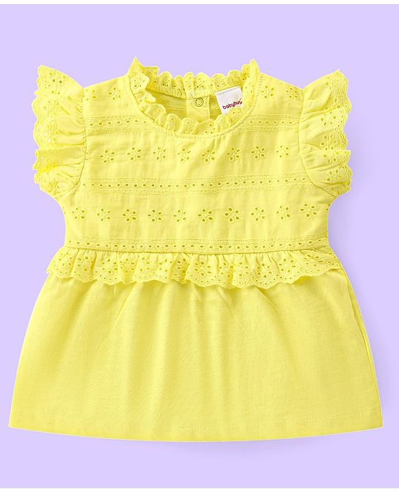 Babyhug Cotton Knit Frill Sleeves Schiffli Top & Floral Printed Leggings Set - Yellow