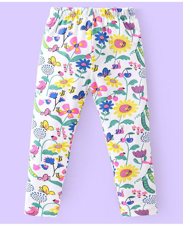 Babyhug Cotton Knit Frill Sleeves Schiffli Top & Floral Printed Leggings Set - Yellow