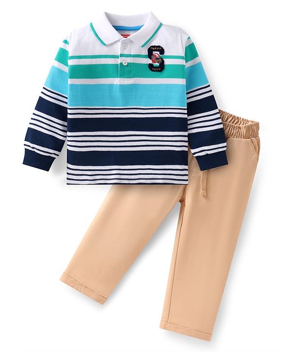 Babyhug Single Jersey Knit Full Sleeves Striped Polo T-Shirt & Trouser Set - Khaki & White