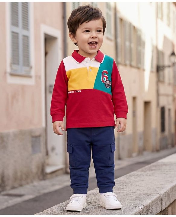 Babyhug Single Jersey Knit Full Sleeves Polo T-Shirt & Lounge Pant Set With Colour Block & Text Print - Red & Navy Blue