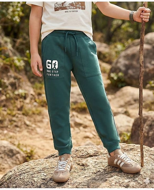Pine Kids Cotton Knit Full Length Text Printed Lounge Pants - Dark Green