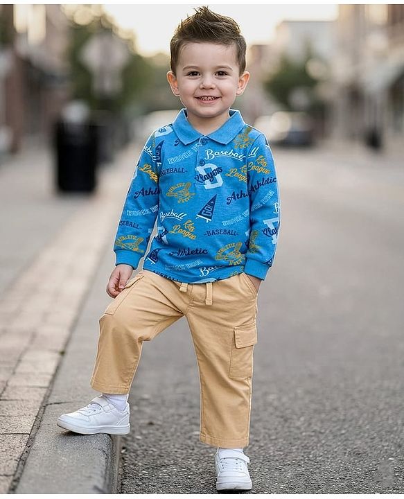 Babyhug Single Jersey Knit Full Sleeves Text Printed T-Shirt & Pant Set - Blue & Beige