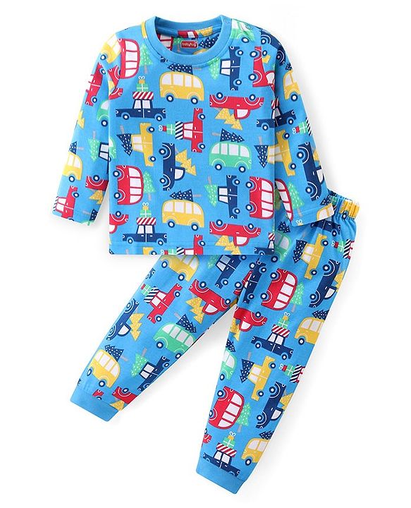 Babyhug Cotton Knit Full Sleeves Night Suit with Vehicles Print - Blue