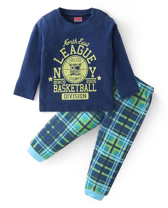 Babyhug Cotton Knit Full Sleeves Night Suit With Checks & Varsity Print - Navy