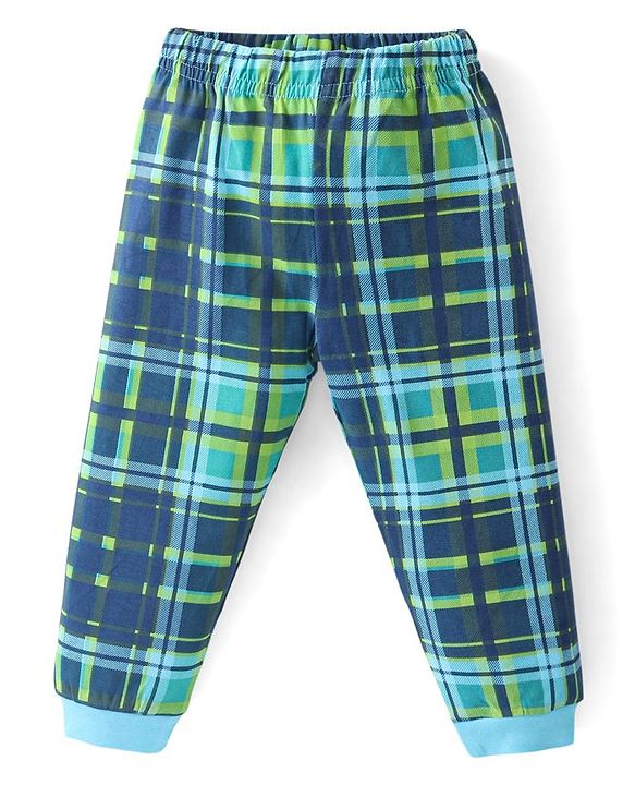 Babyhug Cotton Knit Full Sleeves Night Suit With Checks & Varsity Print - Navy