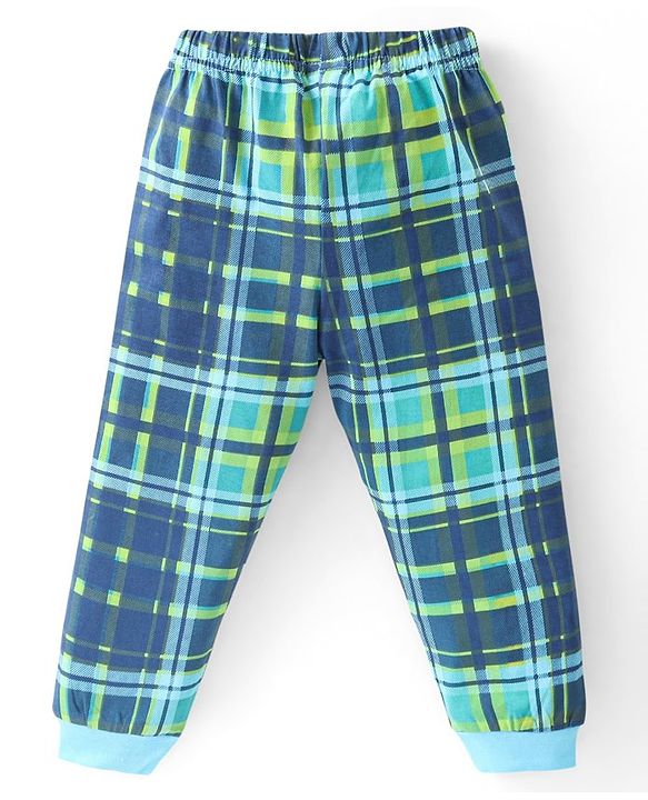 Babyhug Cotton Knit Full Sleeves Night Suit With Checks & Varsity Print - Navy