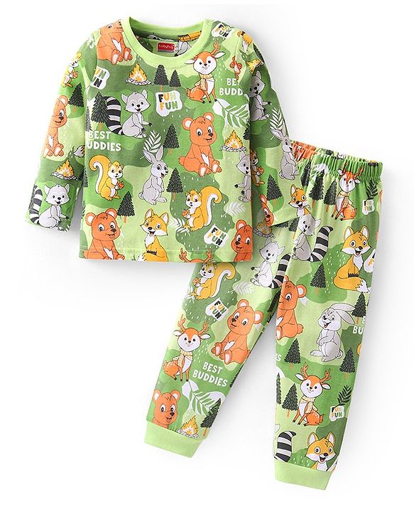Babyhug Cotton Knit Full Sleeves Night Suit With Animals Print  - Green