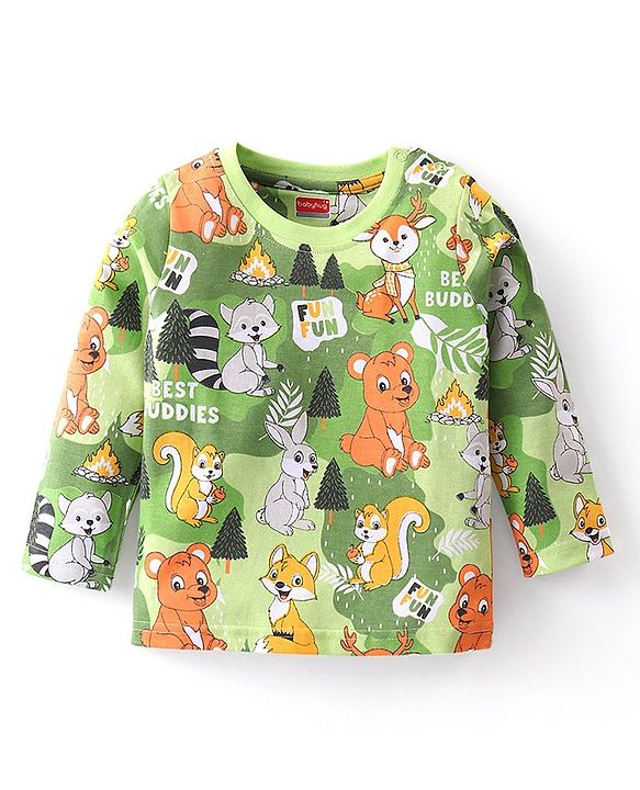 Babyhug Cotton Knit Full Sleeves Night Suit With Animals Print  - Green