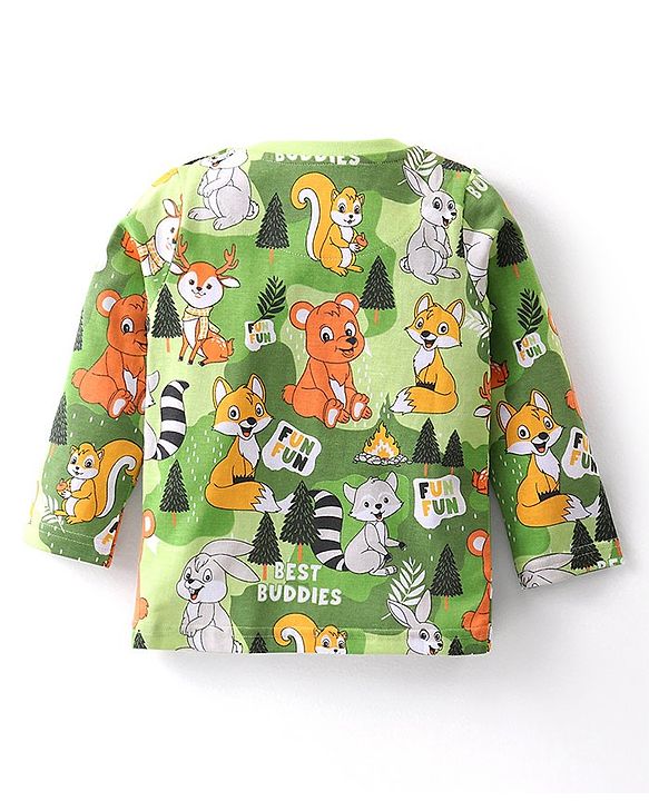 Babyhug Cotton Knit Full Sleeves Night Suit With Animals Print  - Green