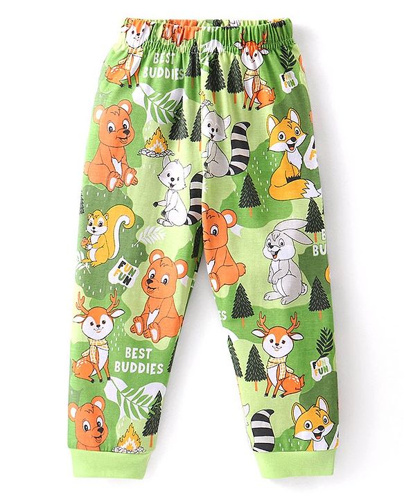 Babyhug Cotton Knit Full Sleeves Night Suit With Animals Print  - Green