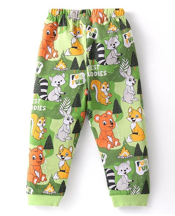 Babyhug Cotton Knit Full Sleeves Night Suit With Animals Print  - Green