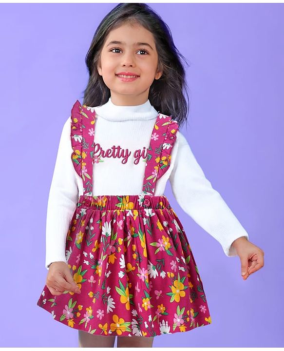 Babyhug Cotton Knit Full Sleeves Turtle Neck Top & Floral Printed Skirt With Suspender - Multicolor