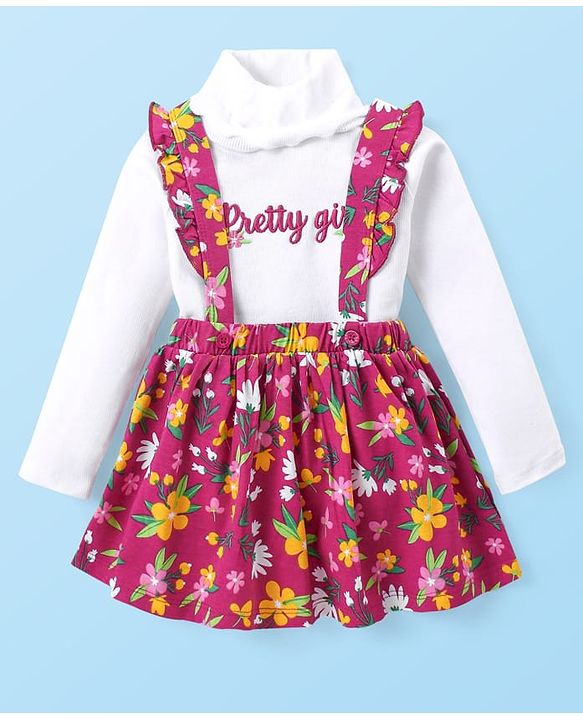 Babyhug Cotton Knit Full Sleeves Turtle Neck Top & Floral Printed Skirt With Suspender - Multicolor
