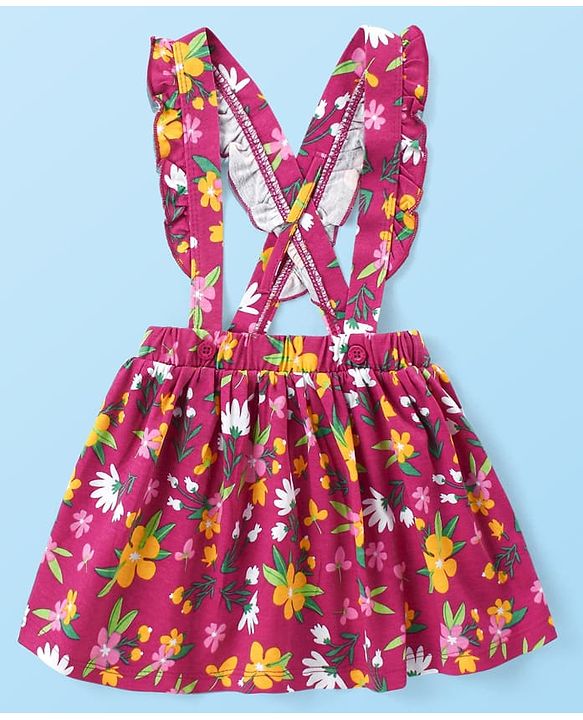 Babyhug Cotton Knit Full Sleeves Turtle Neck Top & Floral Printed Skirt With Suspender - Multicolor