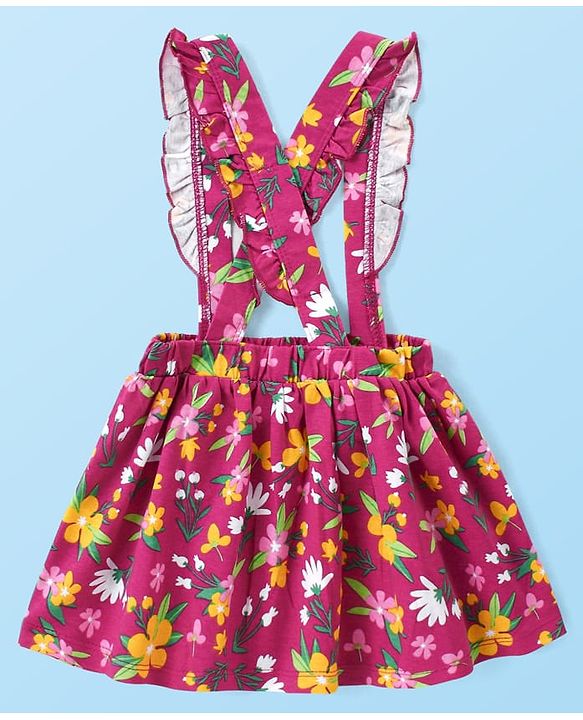 Babyhug Cotton Knit Full Sleeves Turtle Neck Top & Floral Printed Skirt With Suspender - Multicolor