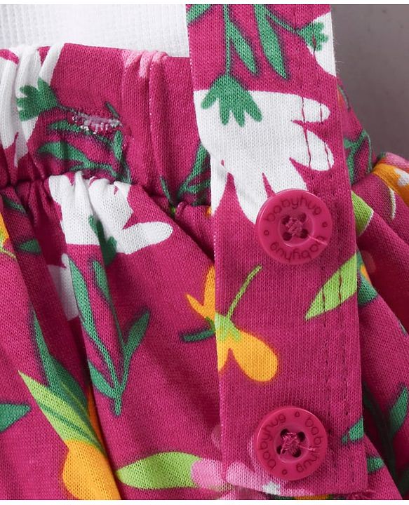 Babyhug Cotton Knit Full Sleeves Turtle Neck Top & Floral Printed Skirt With Suspender - Multicolor