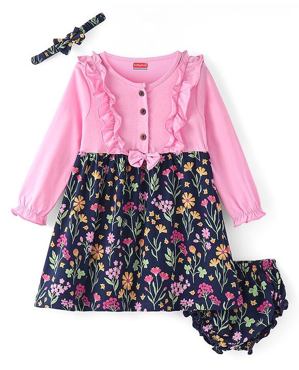Babyhug Cotton Knit Full Sleeves Floral Printed Frock with Bloomer & Headband - Navy Blue