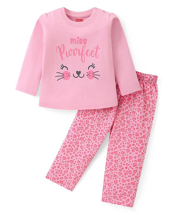 Babyhug Cotton Knit Full Sleeves Night Suit Text & Leopard Print - Pink